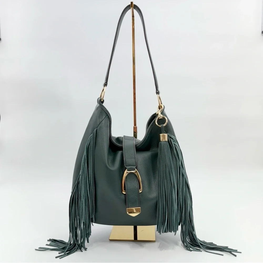 Gilli Genuine Leather Fringe Shoulder Bag – Green Hobo Tote with Tassel Detail